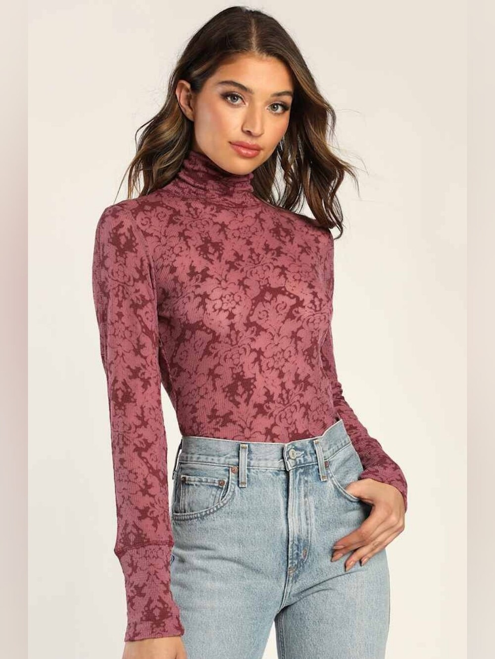 Free People You and I Semi-Sheer Floral Turtleneck Top Mauve M